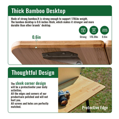 KingCamp Bamboo Folding Table, 4-Fold Camping Adjustable Height Portable Outdoor Lightweight & Compact Table with Aluminum Frame for RV Picnic BBQ Tailgating