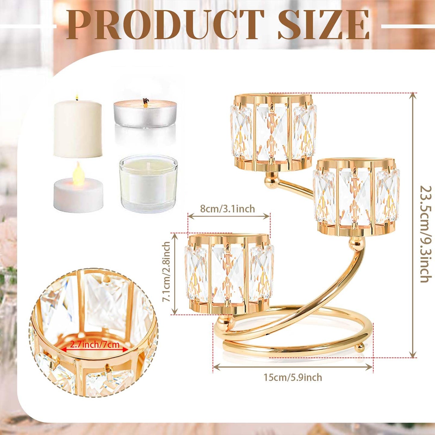 Metal 3 Arm Crystal Candle Holder - Tea Light Centerpiece Candle Holder, Votive Holder with Sparkling Crystal Bowl, Suitable for Wedding, Table Centerpiece, Home Decor (1, 3 arm-Gold)
