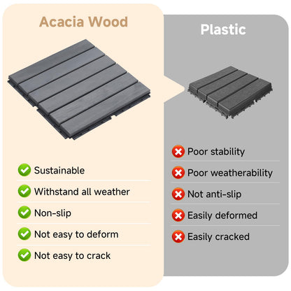 Rovibek Acacia Wood Interlocking Deck Tiles, 30PCS 12"x12" Outdoor Waterproof Decking Tiles, All Weather Use for Balcony Patio Backyard Poolside, Indoor & Outdoor, Striped Gray