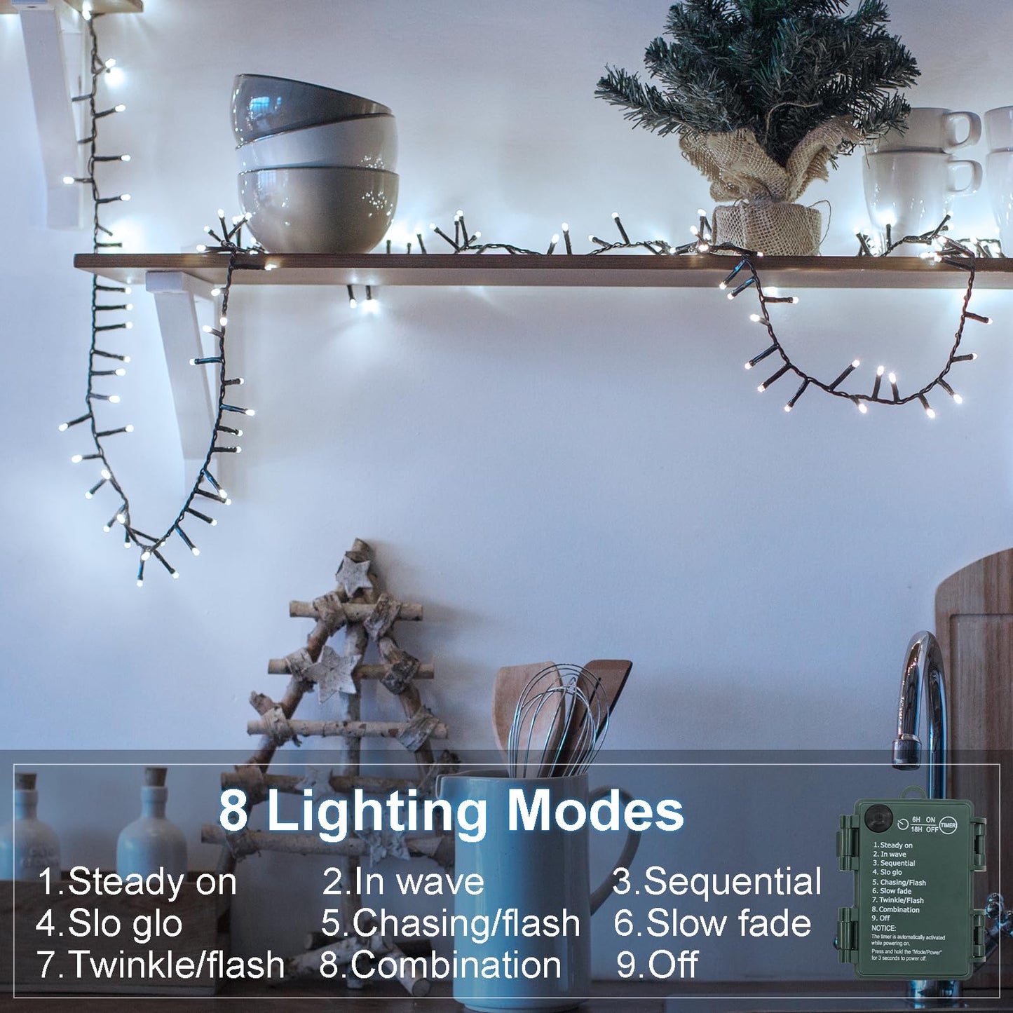 BSGlobal Battery Cluster String Lights 2 Pack Total 20Ft 400 LED String Lights with Timer 8 Modes Firecracker Christmas Lights Outdoor Waterproof for Tree Home Decor (Cool White)
