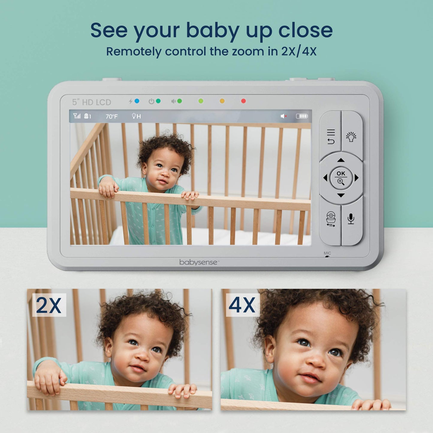 Babysense 5" HD Split-Screen Baby Monitor, Video Baby Monitor with Camera and Audio, Two HD Cameras 720p, Night Light, 300m Range, Two-Way Audio, 4x Zoom, Night Light, 4000mAh Battery