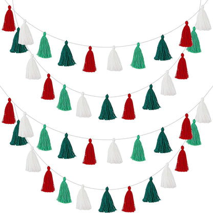 WILLBOND 4 Pieces Christmas Tassel Garland for Classroom Wall Decor Boho Pastel Garland Cotton Tassel Banners for Christmas Party School(3.1 Inch,Red, White, Light Green, Dark Green)