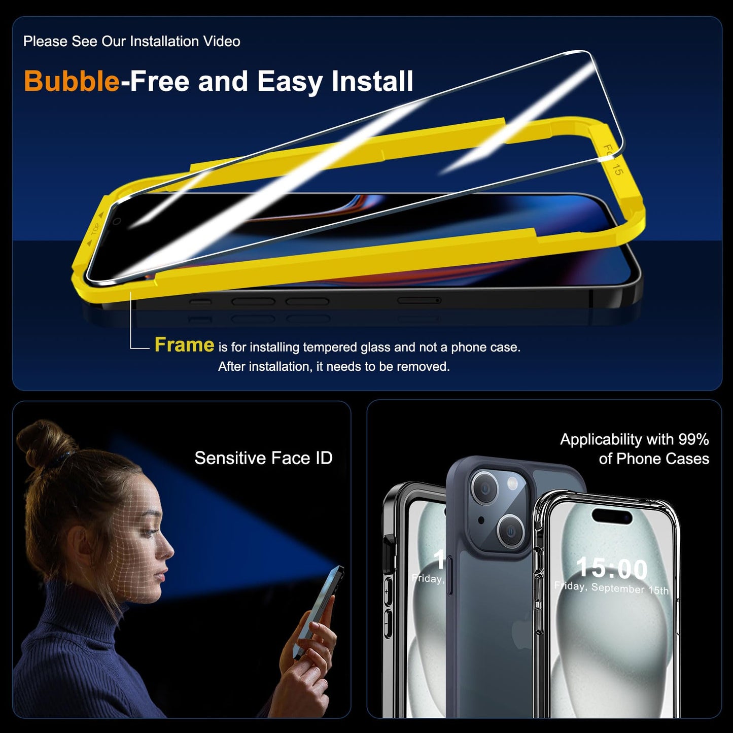 QHOHQ 3 Pack Screen Protector for iPhone 14 Pro 6.1 Inch with 3 Pack Tempered Glass Camera Lens Protector, Ultra HD, 9H Hardness, Scratch Resistant, Case Friendly
