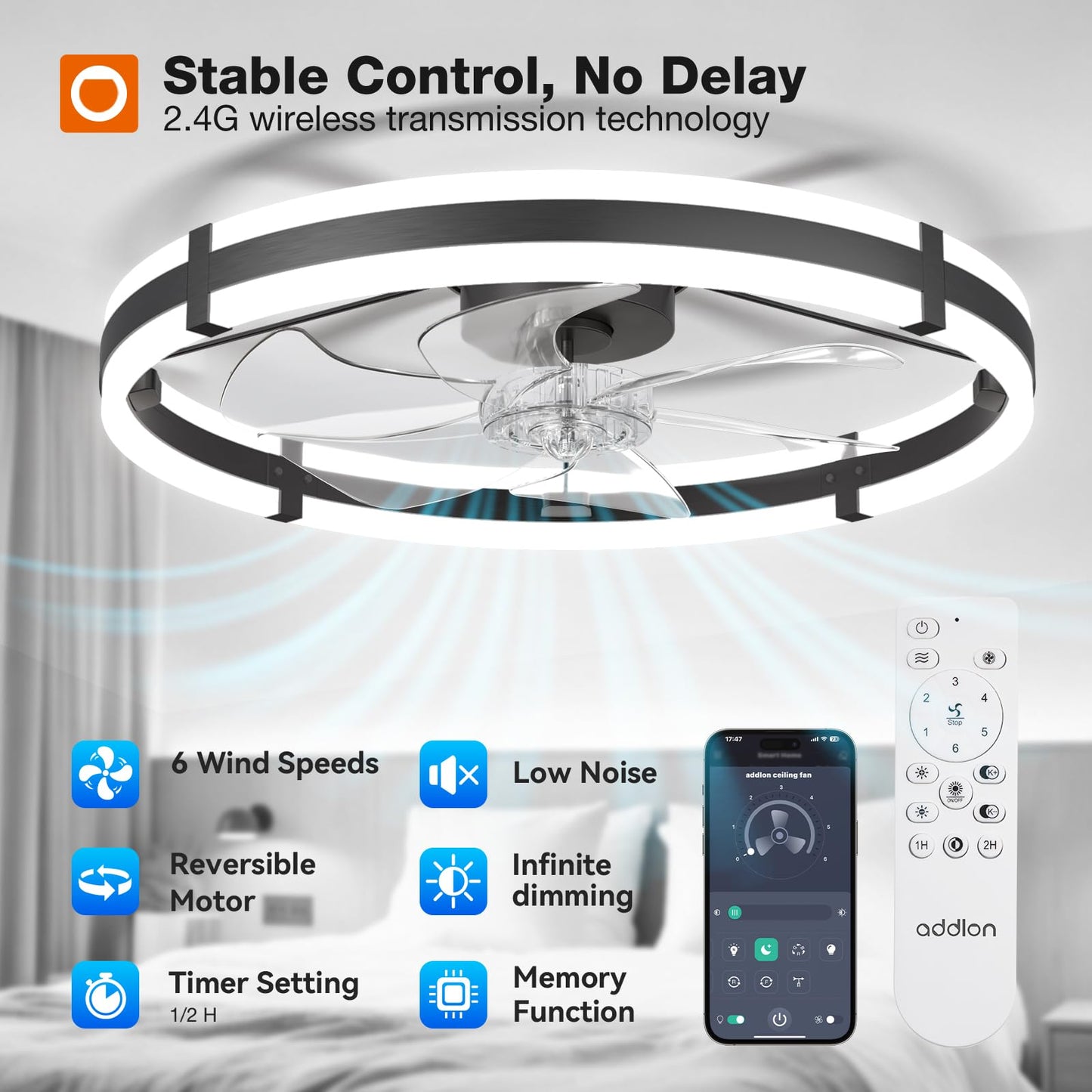 addlon 24'' Ceiling Fans with Lights and Remote, Low Profile Flush Mount Ceiling Fan with Light, 3000-6000K Dimmable LED Fandelier, Modern Small Black Ceiling Fan for Bedroom, Kitchen, Living Room