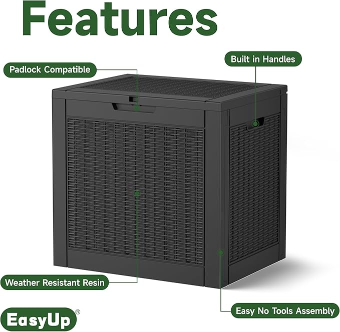 EasyUp 34 Gallon Resin Deck Box Waterproof, UV Resistant Outdoor Storage Box for Delivery, Garden, Patio,and Porch, Rattan Black