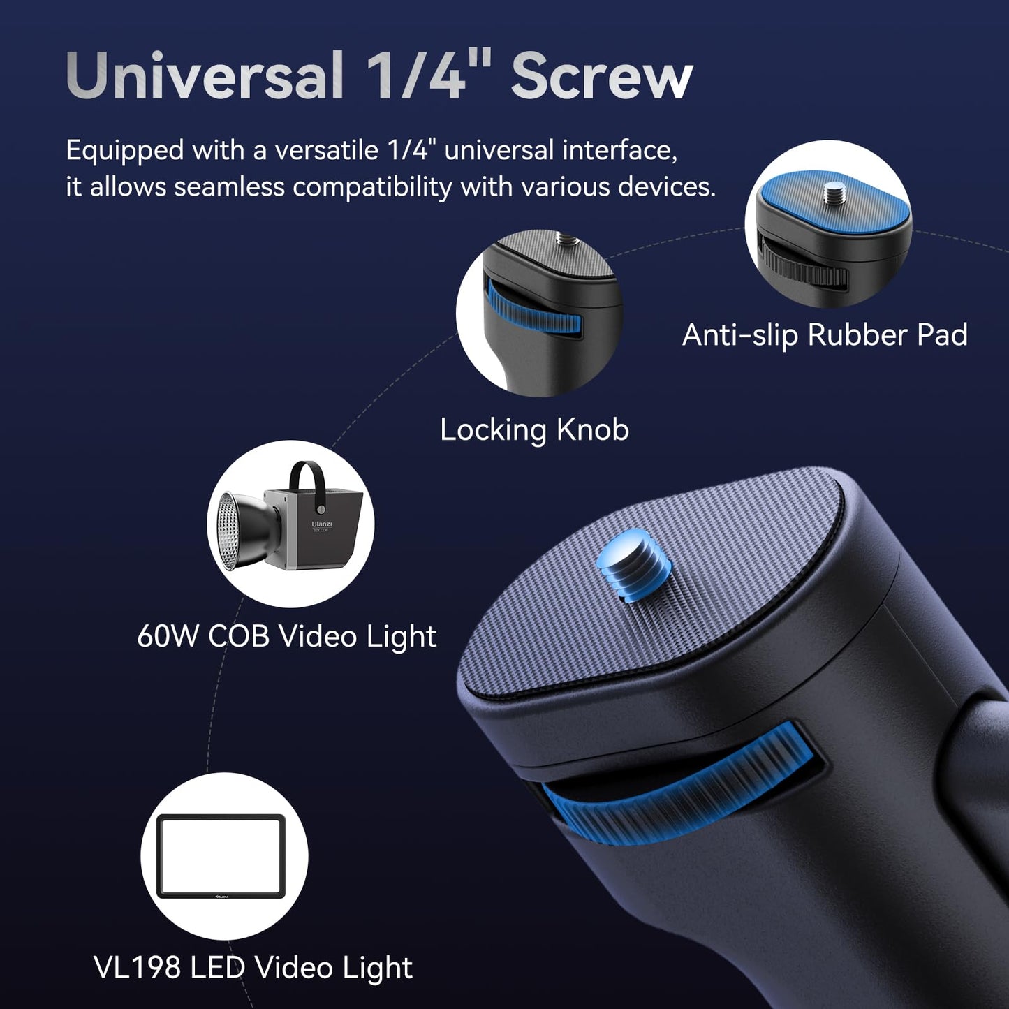 ULANZI 40W Pro RGB Portable LED Video Light w Adapter, 3400mAh Mini COB Continuous Handheld Spotlight, Ulanzi LA03 Quick Adjustment Handheld Light Stand Grip with 1/4" Screw for COB Light