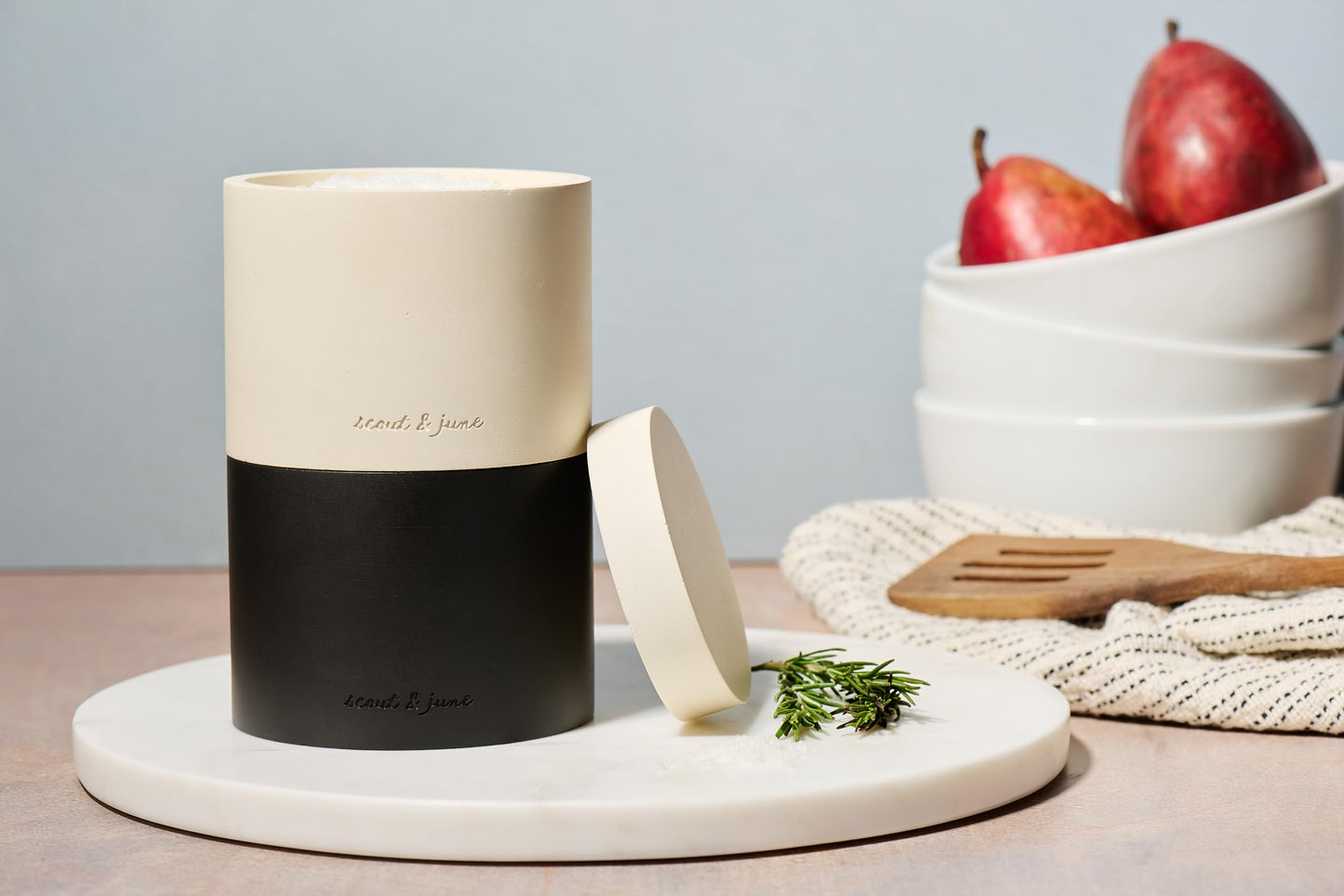 scout & june Stone Salt Cellar - Stackable, Salt and Pepper Bowls for Countertop - Crafted Salt Cellar with Lid - Convenient Kitchen Storage Containers for Spices & Pepper