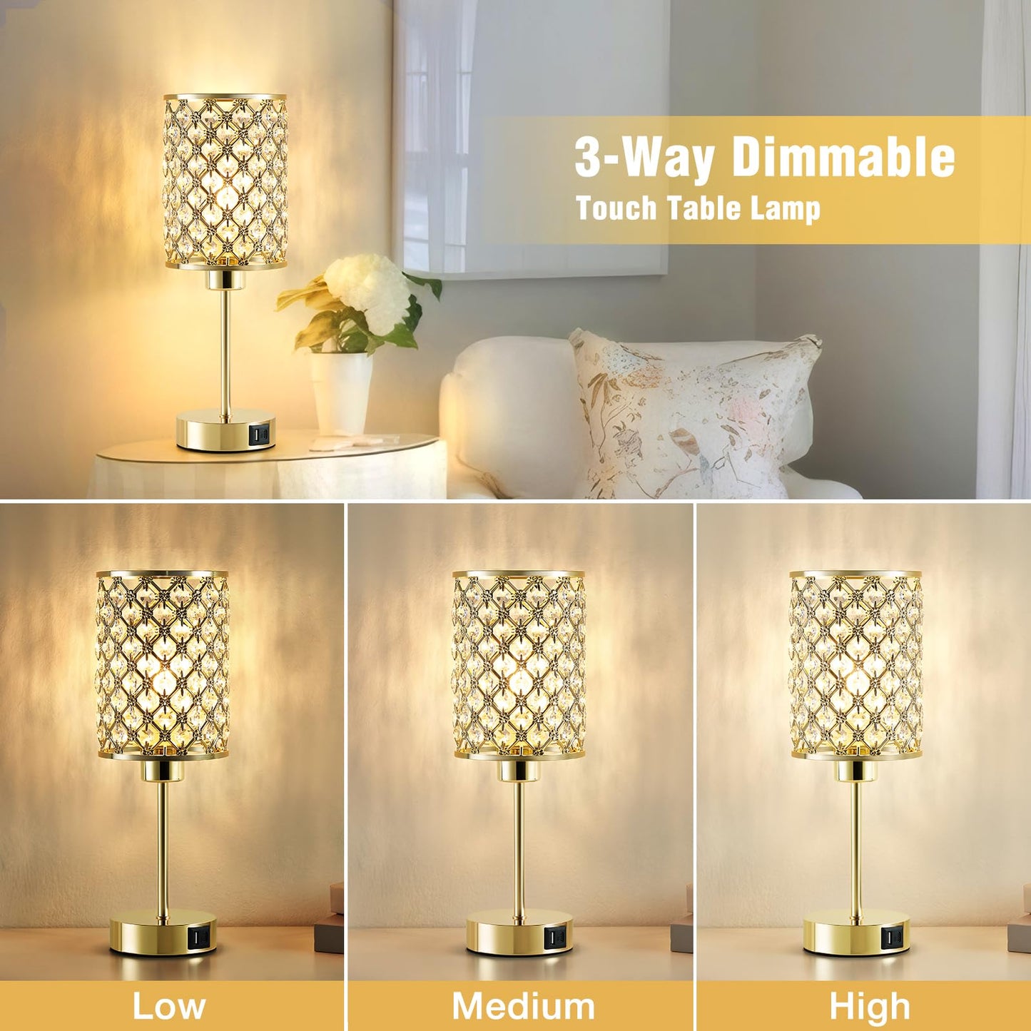 GyroVu Crystal Table Lamp, Gold Touch Lamp for Nightstand with USB C+A Ports, Dimmable Lamp with Crystal Shade, Bedside Lamp Small Lamp for Bedroom, Living Room(Buld Included)