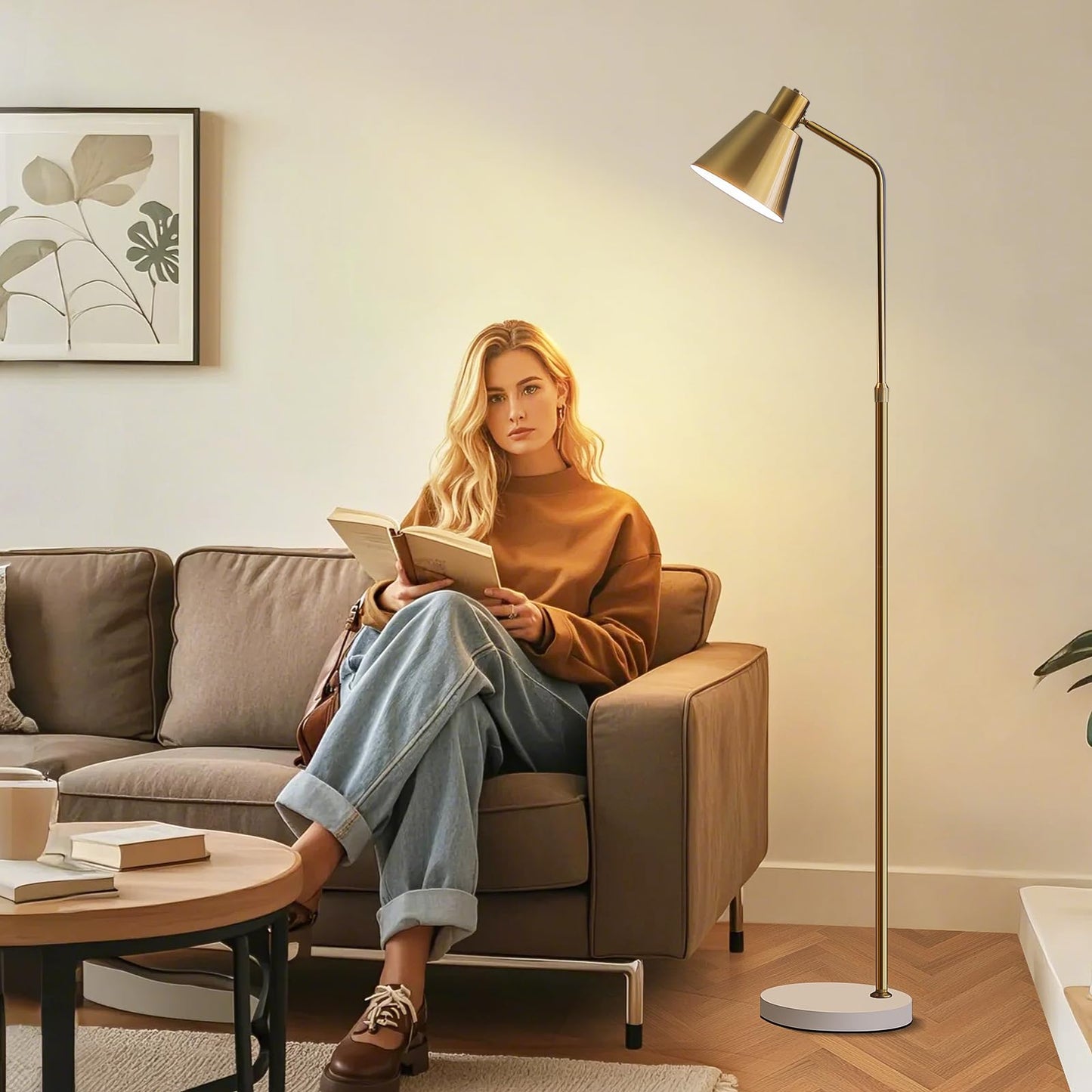 High-end Gold Brass Floor Lamp Bright 12W LED Light, Adjustable in Three Colors and Height, Electroplated Iron Lamp Post,Exquisite Craftsmanship,Standing Lamp for Living Room Bedroom Office Reading