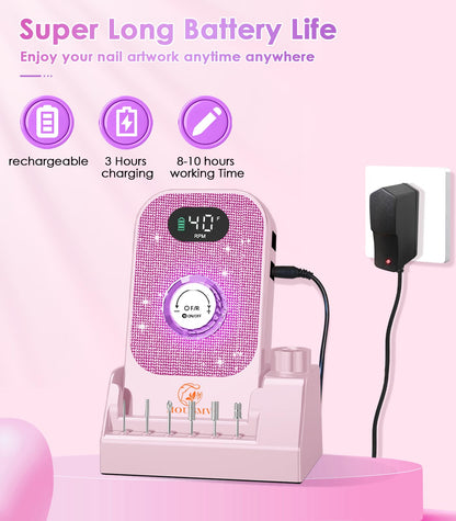Portable Nail Drill Electric File: 40000RPM Professional Rechargeable Nail E-File Machine, Cordless Nail Drill with Bits & Base for Acrylic Nails Remove Nail Gel Polish Manicure for Salon Home, White
