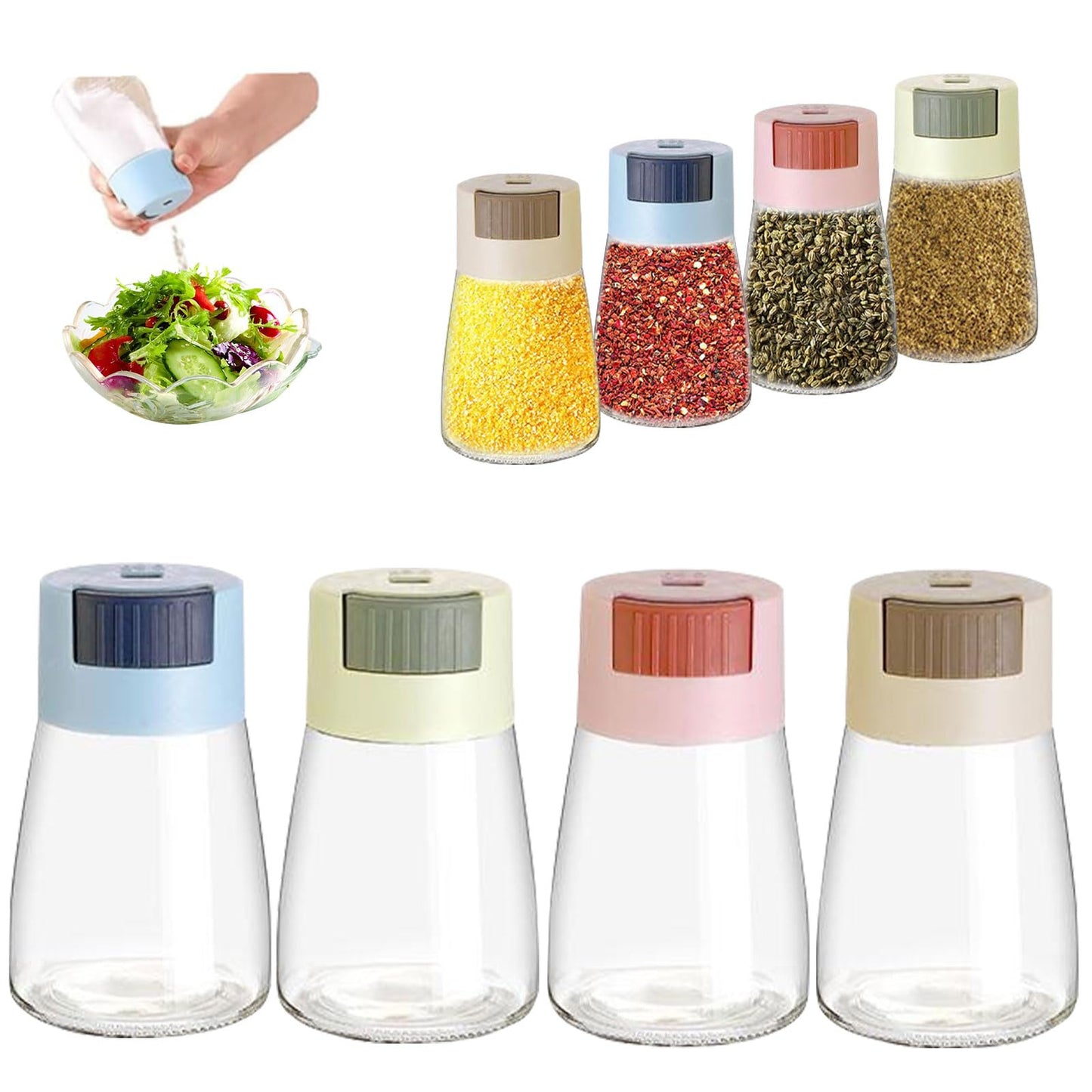 4Pcs Glass Spice Jars for Kitchen, 180ML/6.09oz Airtight Clear Glass Spice Seasoning Bottle Containers with Pressure Dosage Glass Metering Spice Salt Pepper Cumin Powder Sugar Dispenser