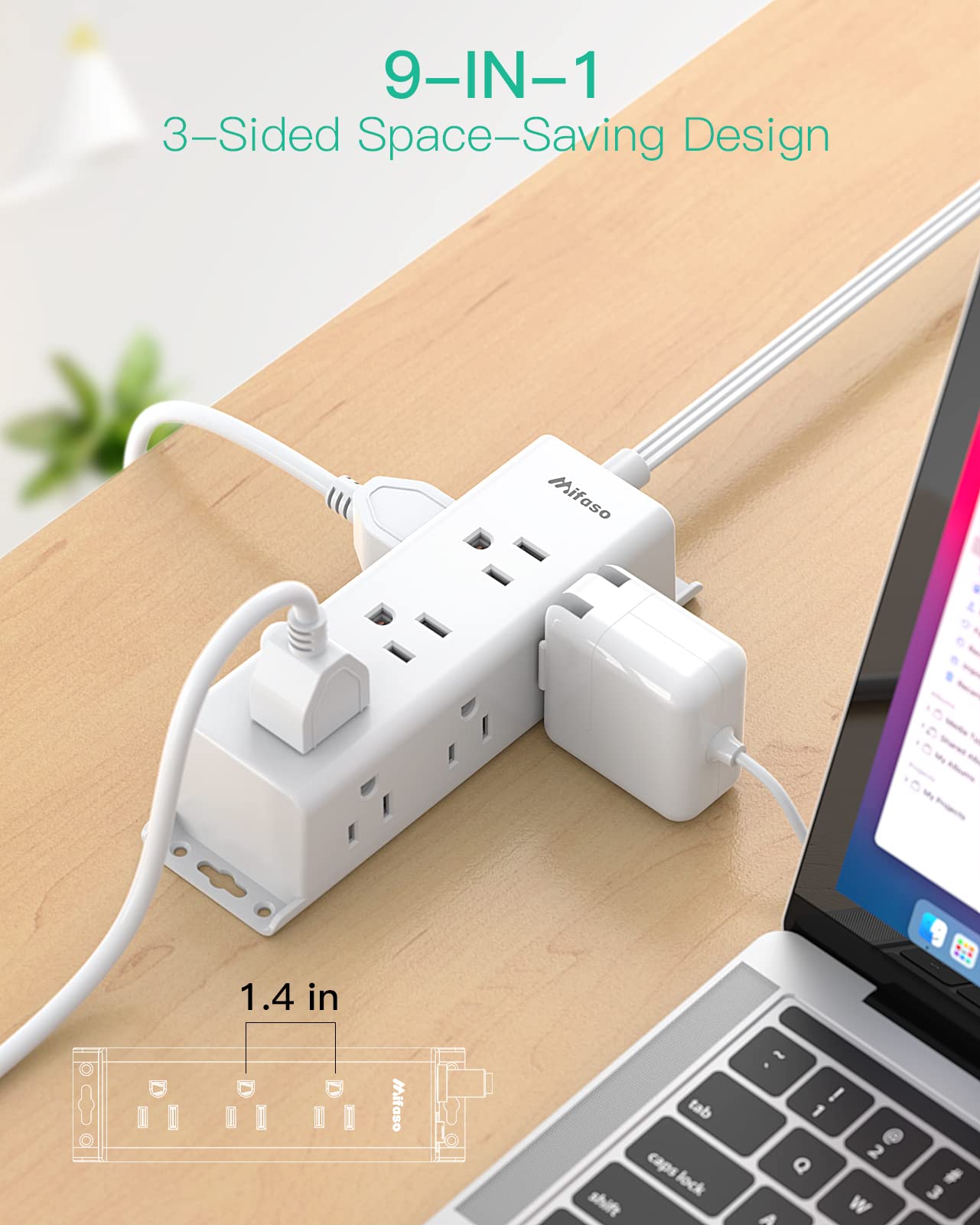 Surge Protector Power Strip - 9 Widely Spaced Multi Outlets, Wall Mount, 3 Side Outlet Extender with Extension Cord, Flat Plug, Overload Protection, Home Office Dorm Room Essentials (5FT, White)