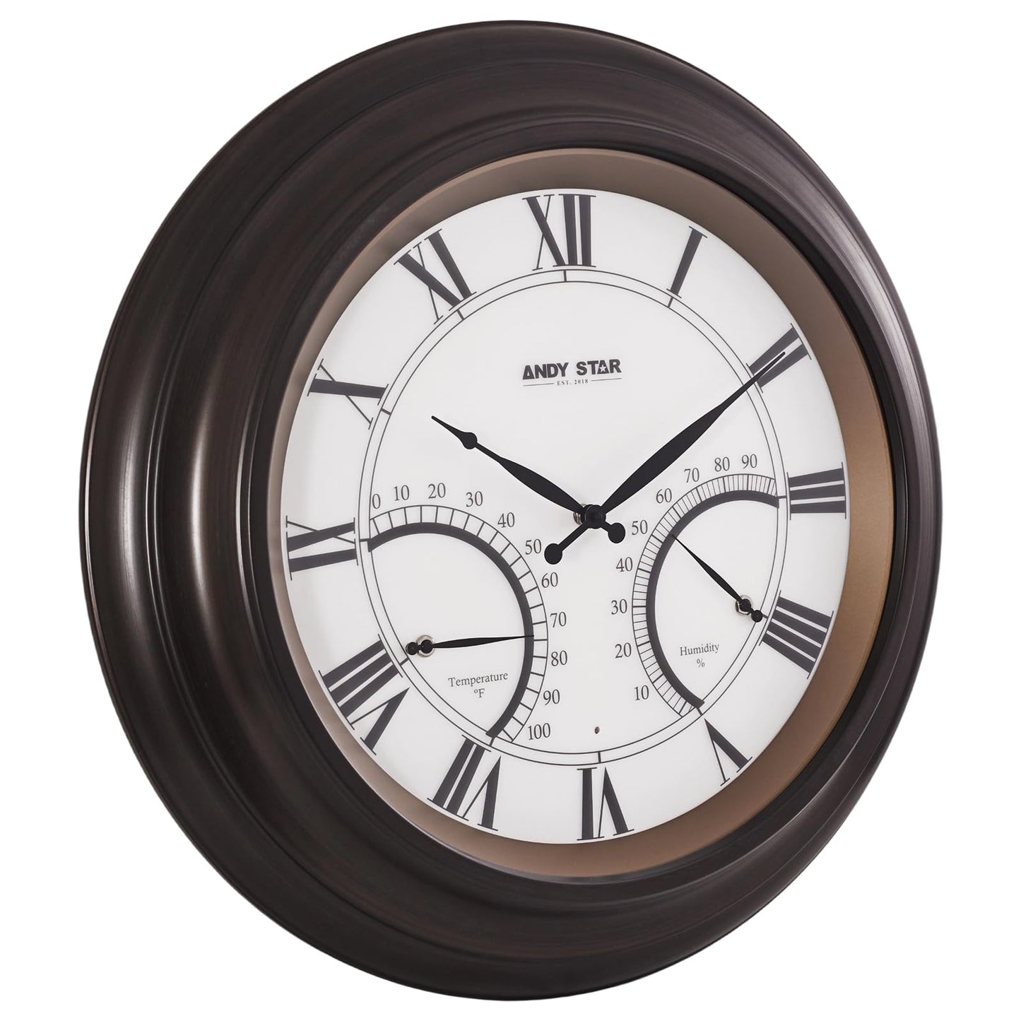 ANDY STAR 24 Inch Outdoor Clocks Waterproof,Large Outdoor Wall Clocks for Patio with Thermometer, Weatherproof Illuminated Clock Battery Operated with Thermometer&Hygrometer,Oil Rubbed Bronze Black