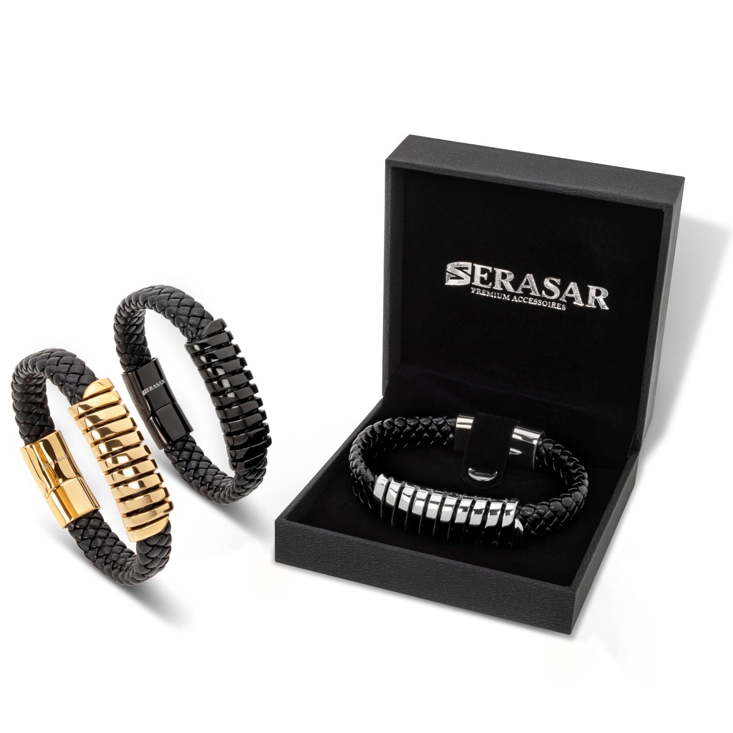 SERASAR Black Bracelet Leather Men 17cm Gift Box Genuine Cowhide Braided Adjust Able Magnetic Clasp Multi Layer Wrap Rope Man Mans Male Mens Bracelets Band Jewelry Magnet Accessories