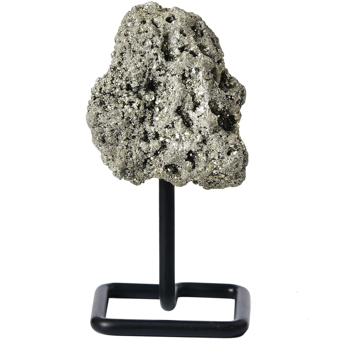 JIC Gem Natural Pyrite Crystal Stone on Metal Stand Raw Pyrite Cluster Fools Gold Reiki Healing Home Decor 300-400g
