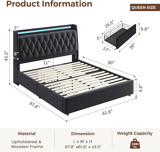 Queen LED Velvet Bed Frame
