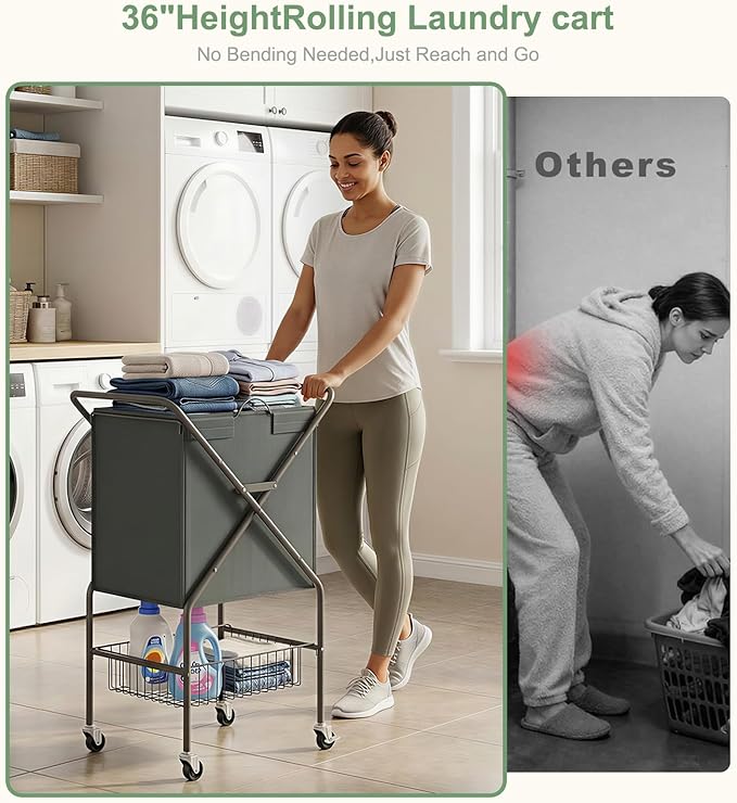 Laundry Basket with Wheels:88L Rolling Laundry Cart Foldable Metal Frame Dirty