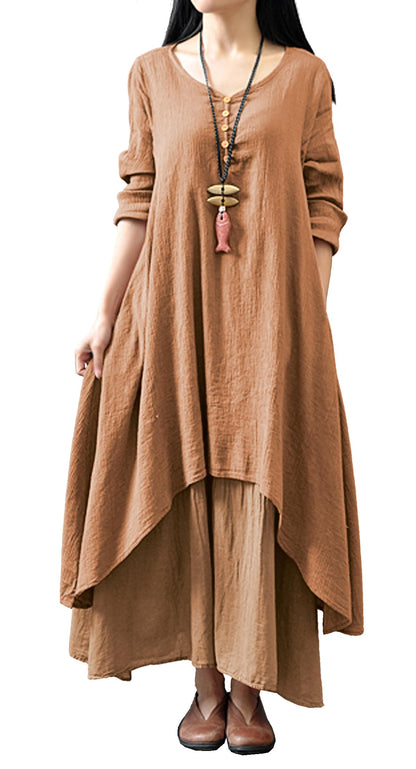 R.Vivimos Women Long Sleeve Cotton Casual Loose Plus Size Irregular Long Dresses