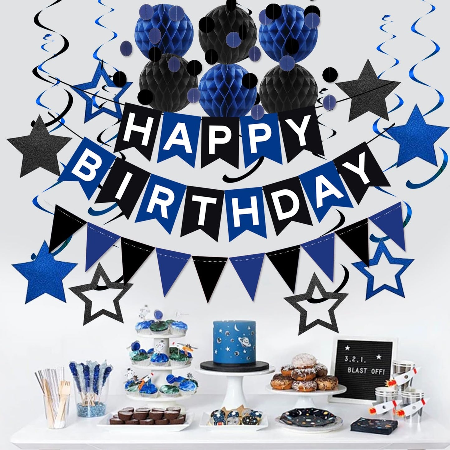 Black Blue Birthday Decorations, Black & Blue Happy Birthday Banner Honeycomb Balls Circle Garland Triangle Banner Stars Hanging Swirl Decoration Kit for HBD‌ Party Decorations