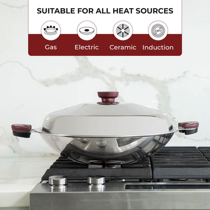 BUFFALO Clad Stainless Steel Wok Pan with Lid Flat Bottom 15 inch (38cm) Stir Frying Pan Tri-Ply Nonstick Cookware - Double Handle Cooking Pot for Induction/Electric/Gas Stoves