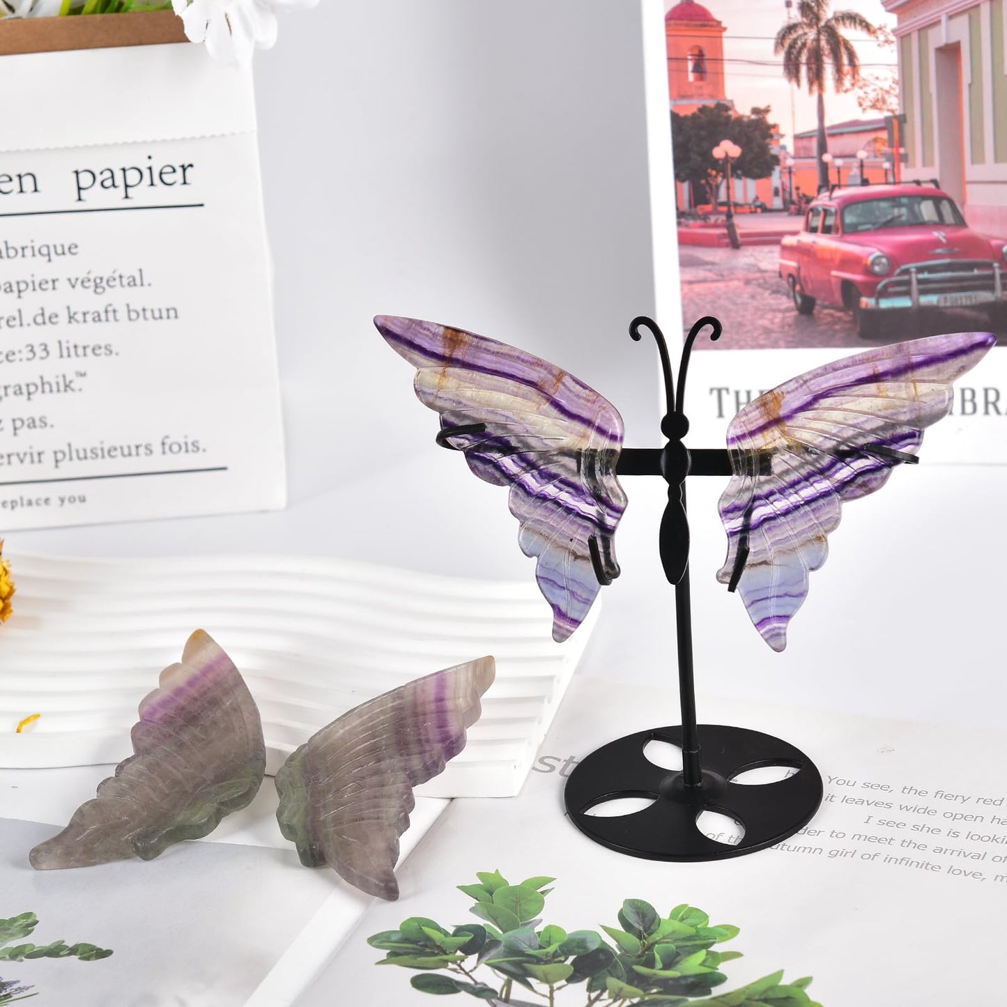 JIC Gem Rainbow Fluorite Crystal Butterfly Art Angel Wings Sculpture Carving,Healing Crystal Butterfly Ornaments Energy Decorative Stone Reiki Gifts (1pair, 10cm)