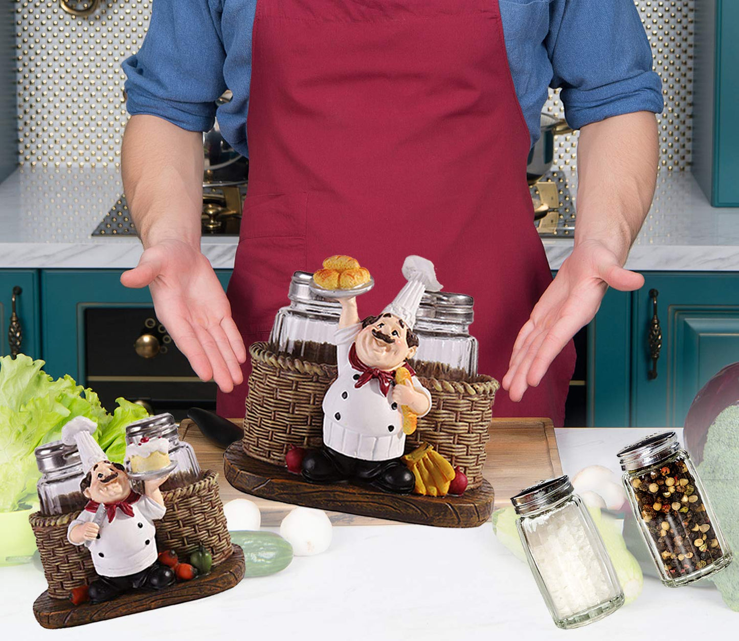 Salt and Pepper Shakers Set,Sitting Chef Decorative Statue Spice Organizer,Glass Spice Jars with Holder Figurine Gift for Family,Kitchen,Restaurant, Cafe,Bakery (Bread)