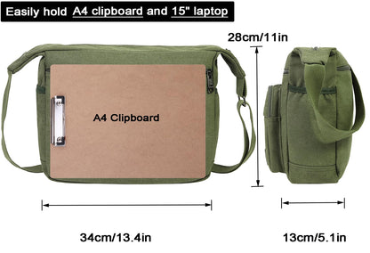 JAKAGO Canvas Messenger Bag Mens/Women Shoulder Bag with Multiple Pockets for School Travel Outdoor Fishing Camping Work Daily Use (15 inch,Green)