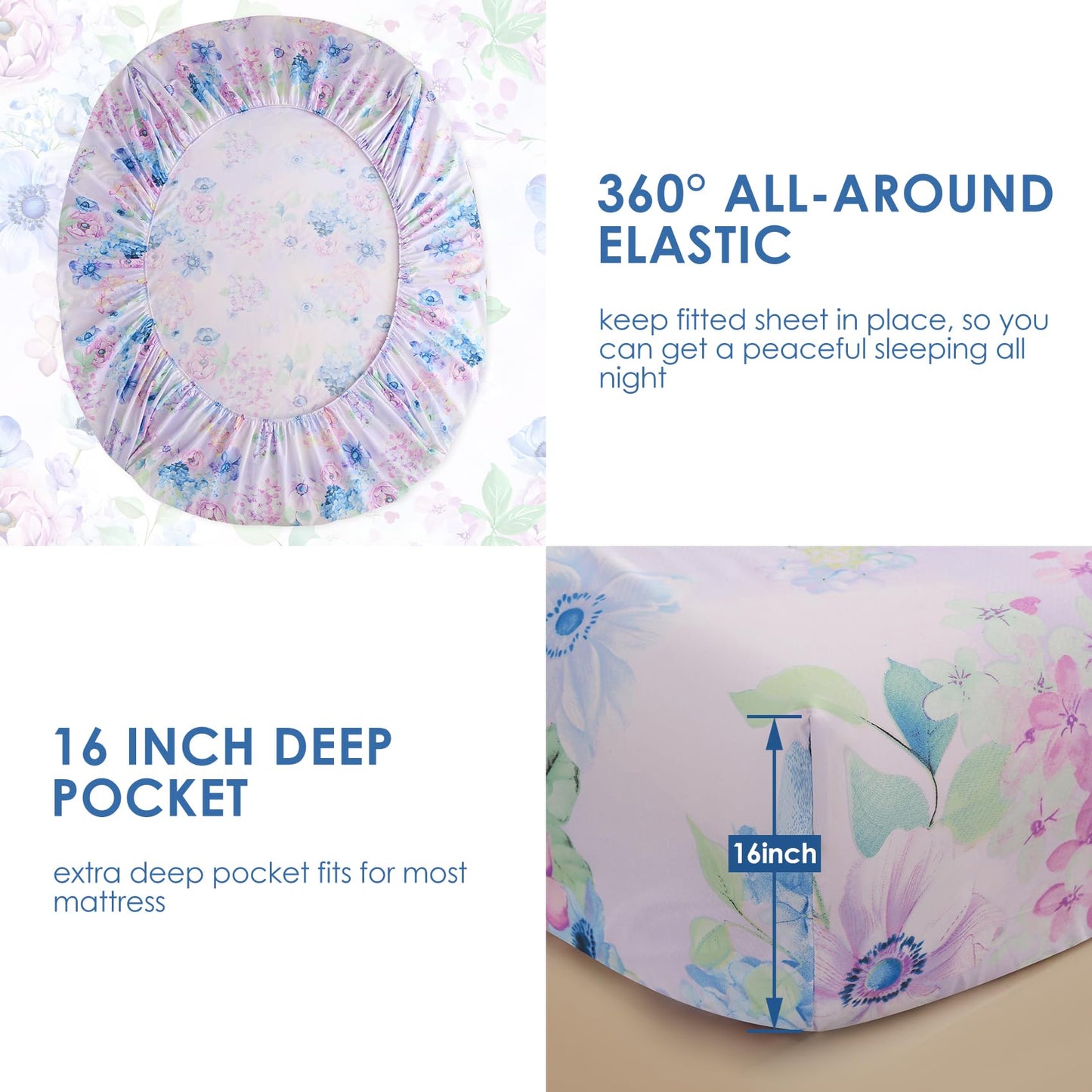 JSD Purple Hydrangea Floral Sheet Set Queen Size, 4 Piece Soft Spring Printed Microfiber Bed Sheets Deep Pocket