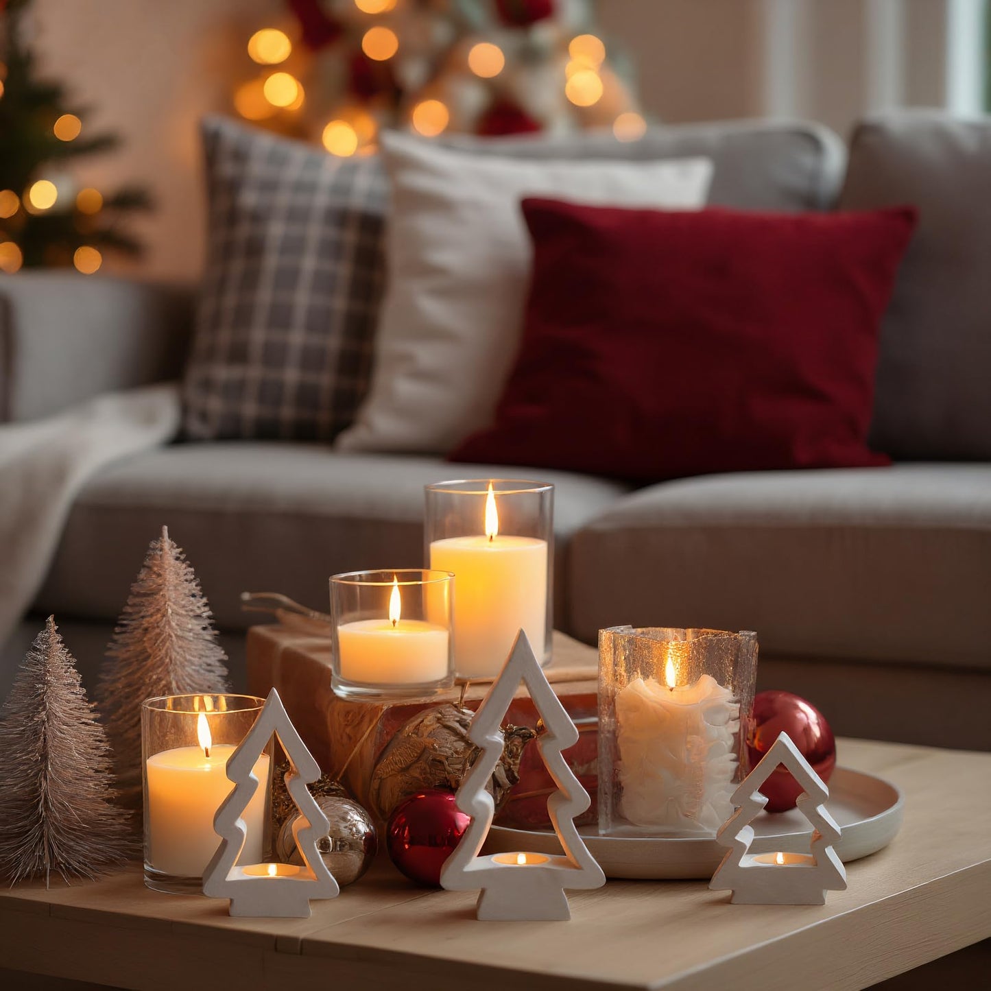 Sunnychicc 53 Pcs Christmas Tree Candle Holders Concrete Tea Light Holders Christmas Tree Table Centerpieces Party Decorations Xmas Gifts for Farmhouse Holiday Party Fireplace Mantel Decor