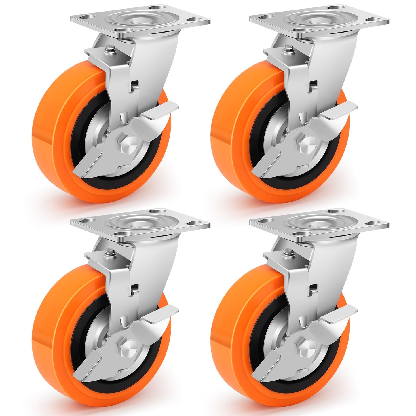 Humagineer 6 Inch Industrial Casters - Castor Wheels Sets 4 Heavy Duty with Dual Ball Bearing, Polyurethane Wheel Capacity up to 4500 lbs, Plate Swivel Wheels for Workbench, Equipment(4 Brake)