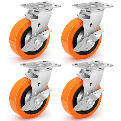 Humagineer 6 Inch Industrial Casters - Castor Wheels Sets 4 Heavy Duty with Dual Ball Bearing, Polyurethane Wheel Capacity up to 4500 lbs, Plate Swivel Wheels for Workbench, Equipment(4 Brake)