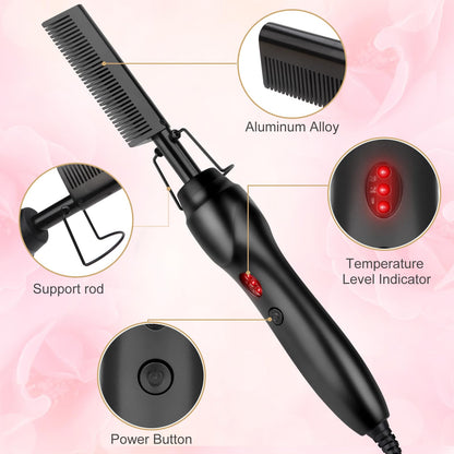 Electric Hot Comb Hair Straightener Heat Pressing Comb Curling Flat Iron Curler Hair Straightener Brush for Natural Black,Anti-Scald Beard Straightening Electric Press Comb