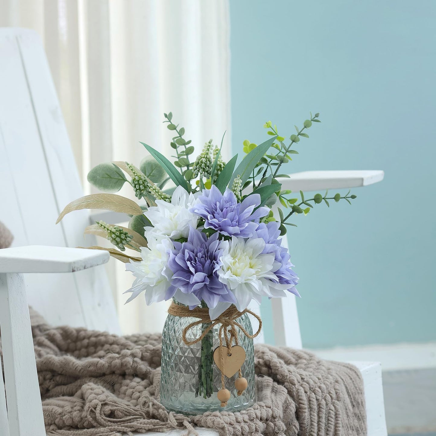 Faux Flowers with Vase,Artificial Silk Flowers in Vase, Fake Plant Eucalyptus and Willow,Flower Arrangement for Home Farmhouse kitchen Dining Table Centerpiece Decorations Table Decor (Dusty Purple)