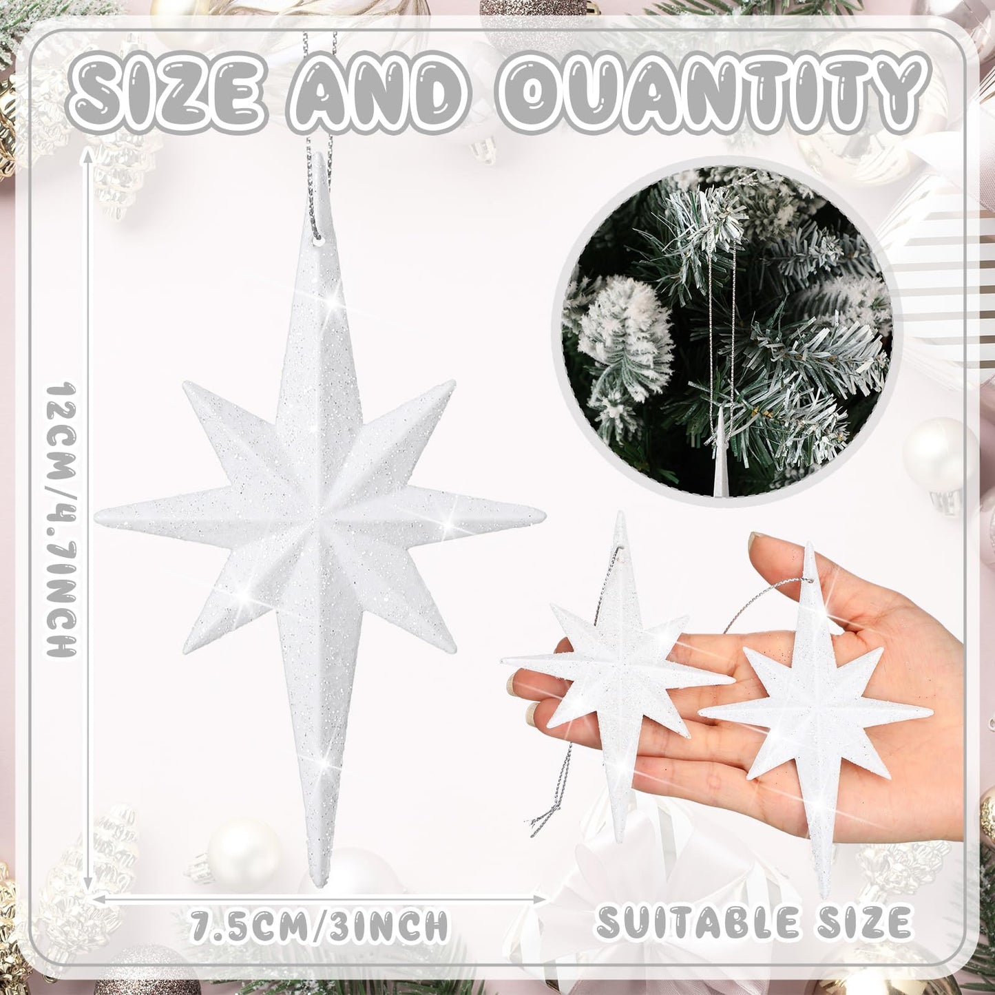 Quzzil 12 Pcs Christmas Bethlehem Star White Ornament 4.72 x 2.95 Inch Star of Bethlehem Christmas Tree Topper Glitter Ornament Plastic Nativity Stars Hanging Decor Accessories
