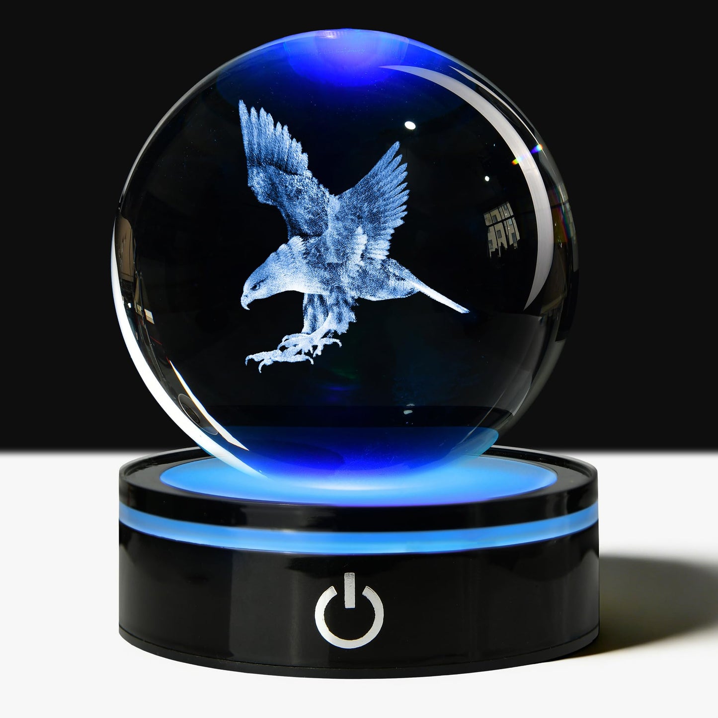 QIANCHANG 3D Eagle Crystal Ball with LED Stand, 80mm Glass Sphere Night Light Lamp, Eagle Statue Gifts for Men Women Kids