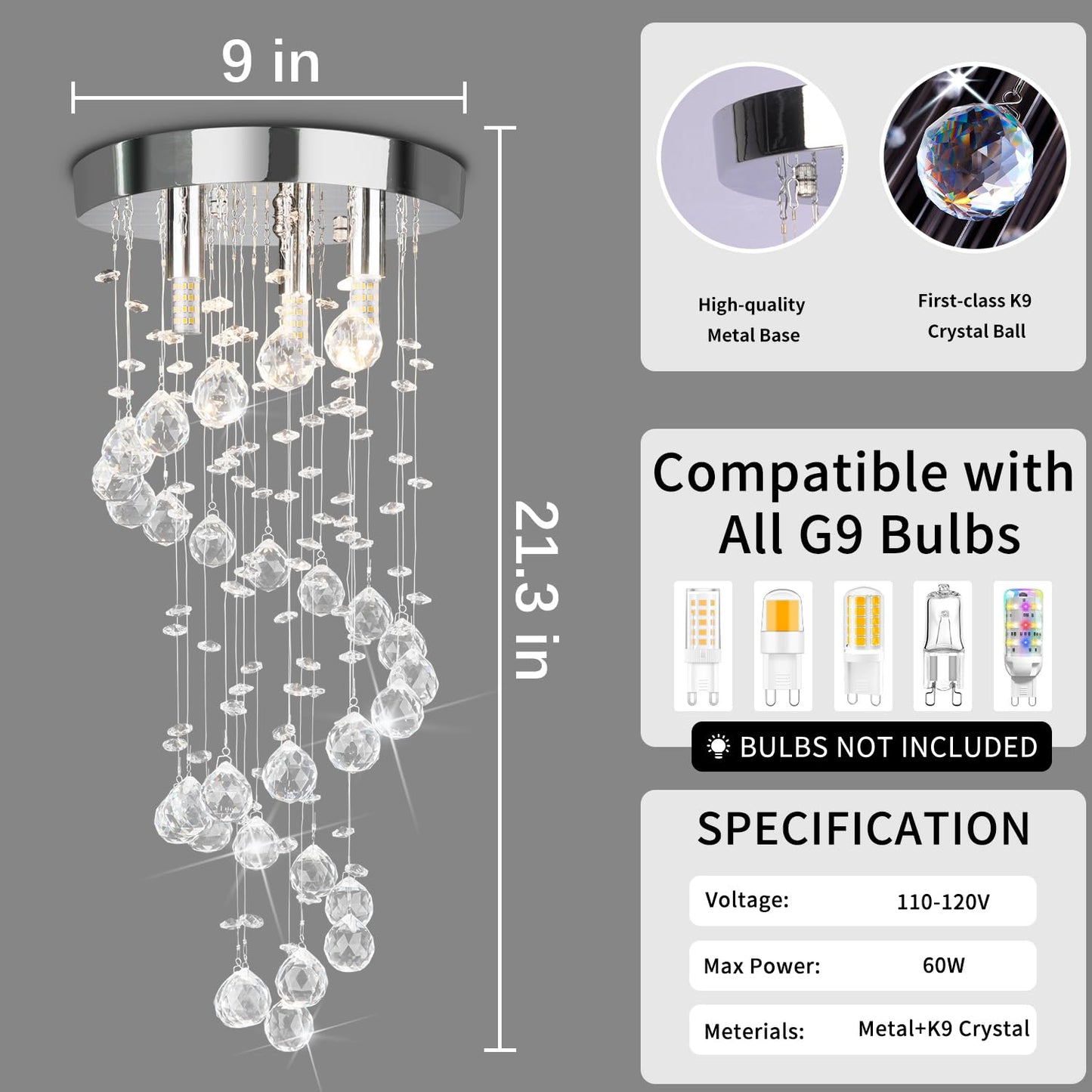 CRYSTOP 3-Lights Spairal Crystal Chandelier,Modern Raindrop Light Fixture Pendant Ceiling Mount Lamp Lighting Fixtures for LivingRoom, Bedroom, Bathroom D9“ X H21.3”