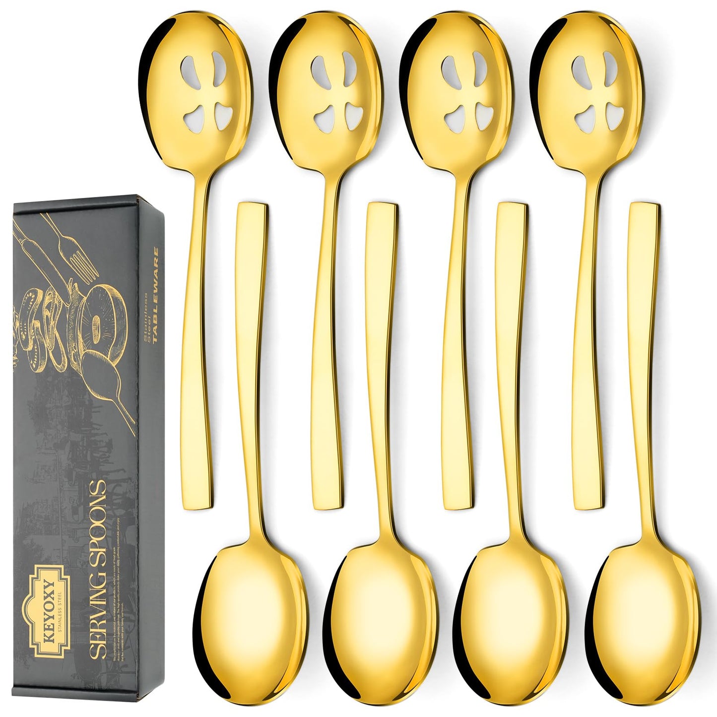 Keyoxy 8 Piece Stainless Steel Serving Spoons Set - 4 Large, 4 Slotted, 9.2-Inch, Dishwasher Safe, for Parties/Kitchen/Buffet/Catering,Gold