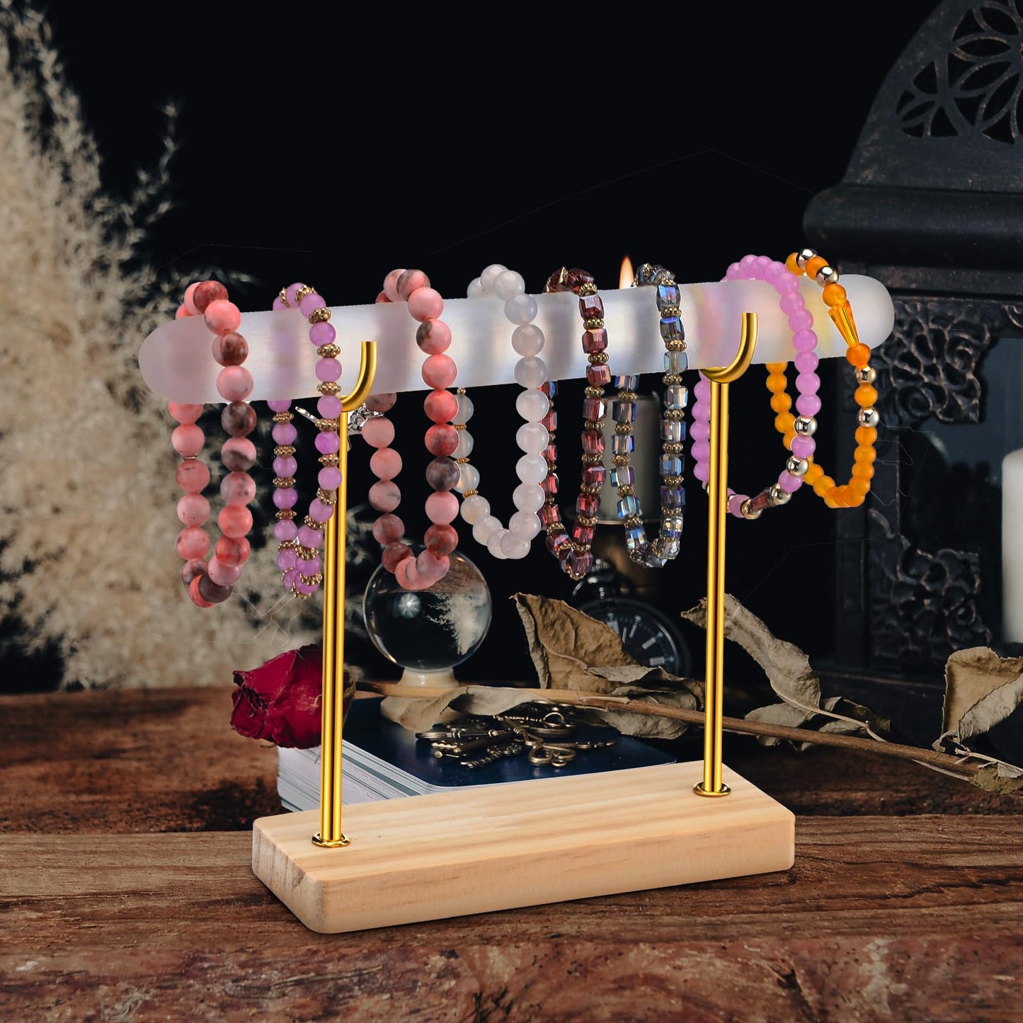RattanView Selenite Bracelet Holder Display Stand Crystal Healing Goth Bracelet Display Stand Detachable Jewelry Wrap Watch Organizer Holder with Wooden Base for Bangles Charging Clean(1 Tier)