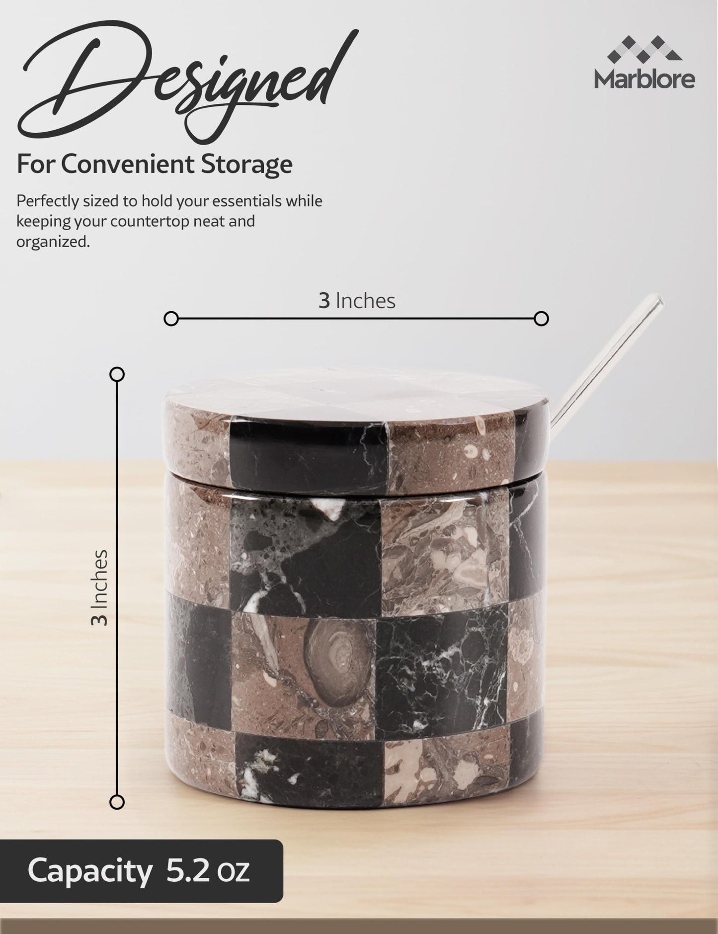 Marble Salt Cellars with Lid and Spoon 3" Black and Oceanic Stone Containers for Kitchen Countertop Storage, Ideal Use For Spice Jars, Sugar Bowl, and Easter Decorations Kitchen