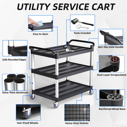 Utility Cart with Tangle-Free Wheels, Large Size 3 Tier Rolling Service Cart with Wheels(2 with Brakes), Heavy Duty 450 Lbs Capacity,Commercial Serving Cart for Home, Office, Restaurant, Warehouse.