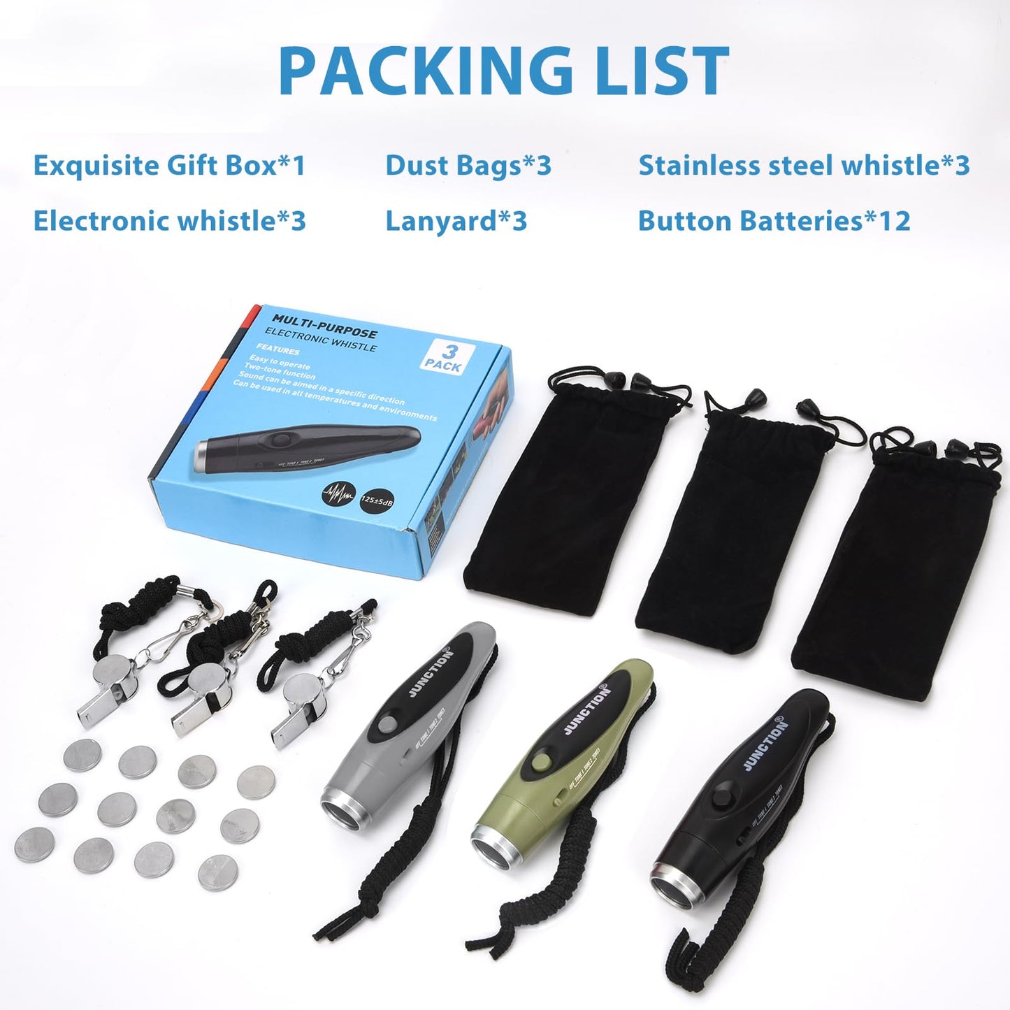 Xflyee Electronic Whistle 3 Pack, 3 Tones High Volume Handheld Electronic Whistles Electric Whistle with Lanyard Outdoor Sport Whistle for Coaches, Referees, Teacher, P.E (Black+Army Green+Gray)