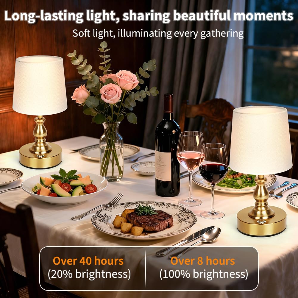 AUAUY Table Lamp for Bedroom, 5200mAh Battery Powered Touch Bedside Lamps, Rechargeable Desk Lamp Cordless, 3 Way Dimmable, Nightstand Lamps with Fabric Shade for Home Living Room Office Study, Gold