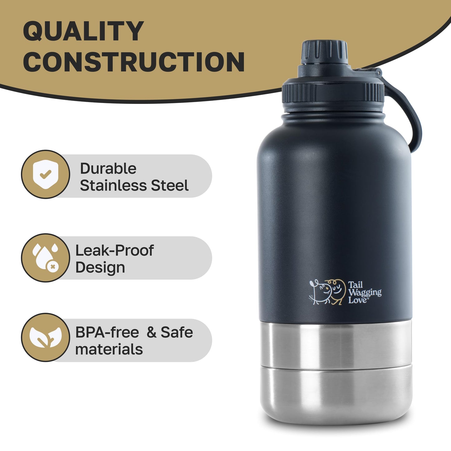 Tail Wagging Love 32oz 3-in-1 Portable Travel Water Bottle, Food & Hydration Bottle - Dual Use for Humans & Pets with Detachable Bowls, Stainless Steel, Keeps Water Hot for 6hrs & Cold for 12hrs