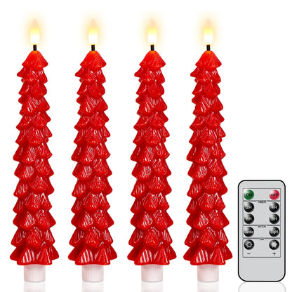 KunSwenn Christmas Tree Candles Battery Operated, Red Waxy Christmas Tree Flameless Taper Candles with Remote Timer, Set of 4 LED Flameless Candlesticks for Xmas Holiday Home Winter Decor(0.78”x9.8”)