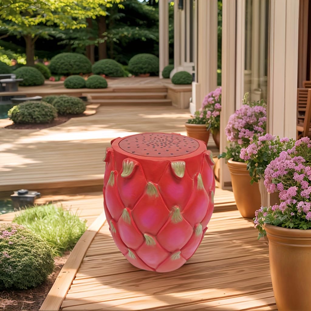 Foinfun 13.4" Dragon Fruit Resin Garden Stool, Tropical Decorative Side Table, Multi-Purpose Plant Stand Accent Furniture for Patio, Balcony, Living Room, Indoor & Outdoor Decor