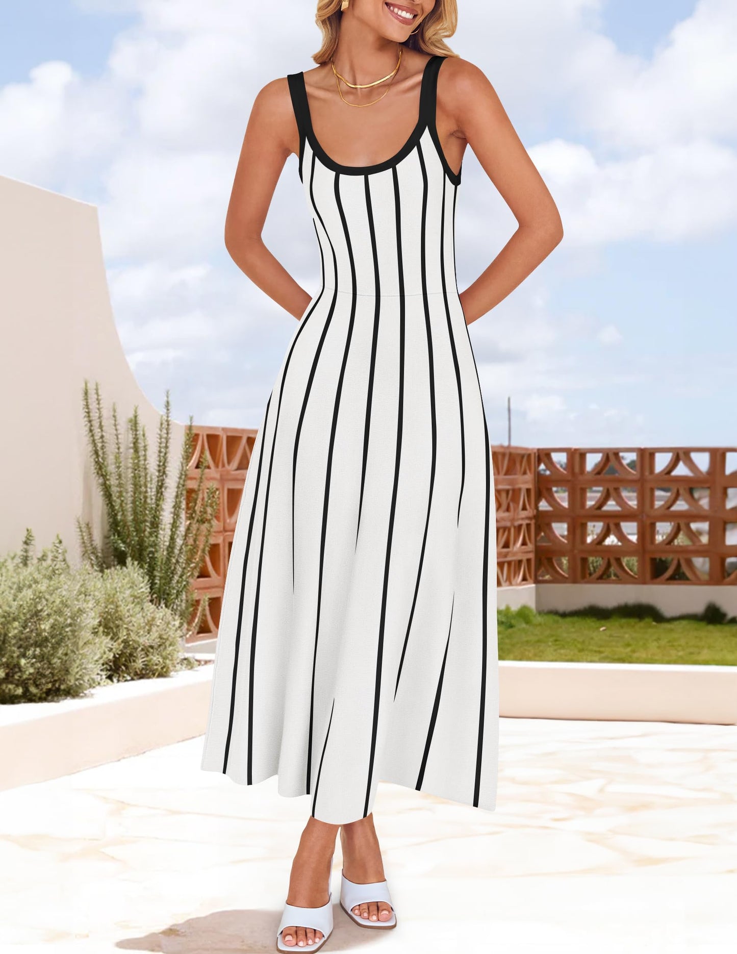 ZESICA Womens 2025 Summer Sleeveless Striped Midi Dresses Casual A Line Swing Knit Long Dress Beach Vacation Clothes,White,Small