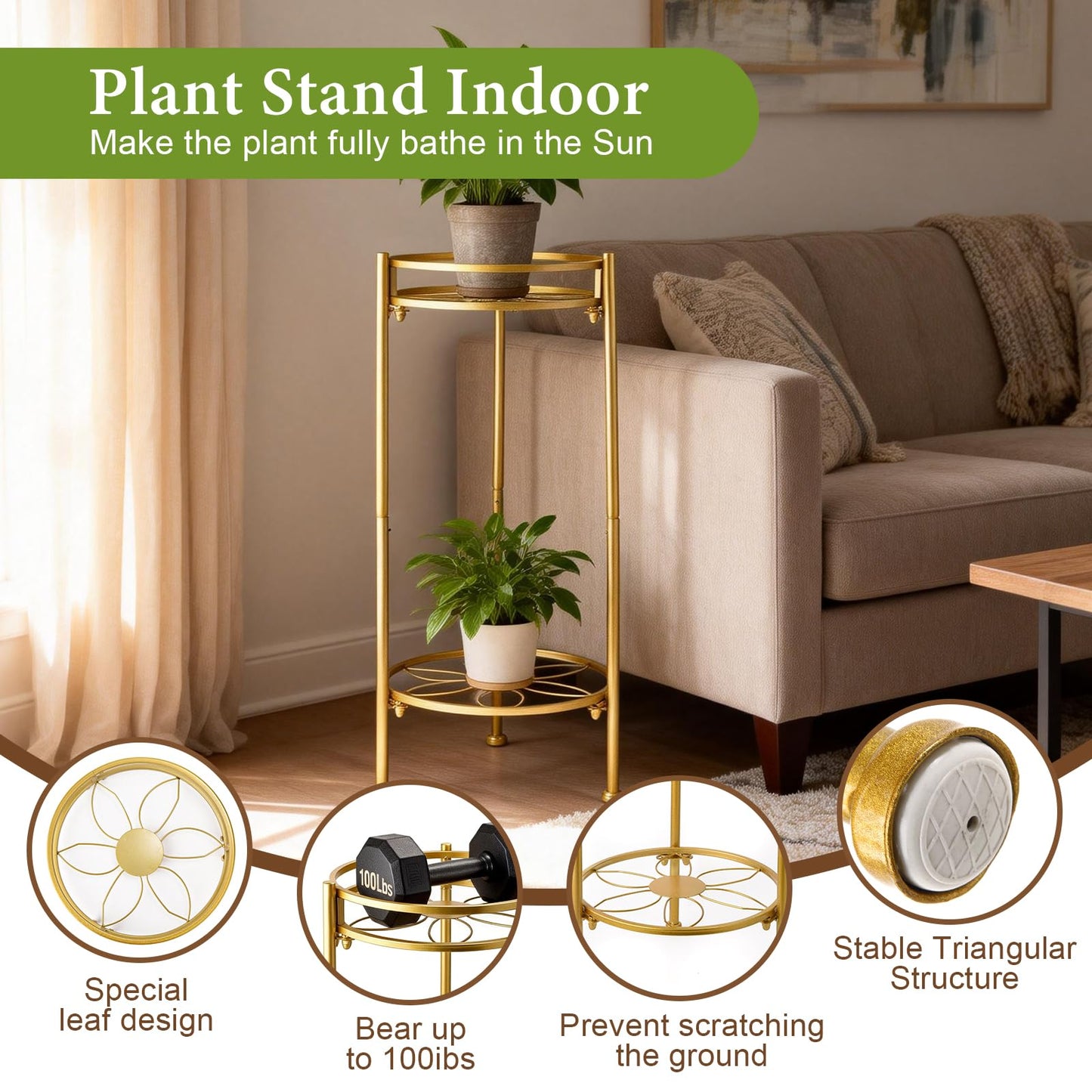 2 Tier Metal Plant Stand, Sturdy Heavy Duty Adjustable Two Tier Flower Pot Holder for Indoor Outdoor, Small Spaces, Balcony, Kitchen, Living Room, Patio - Tall Plant Shelf for Succulents, Heavy Pots, Potted Herbs （Gold）