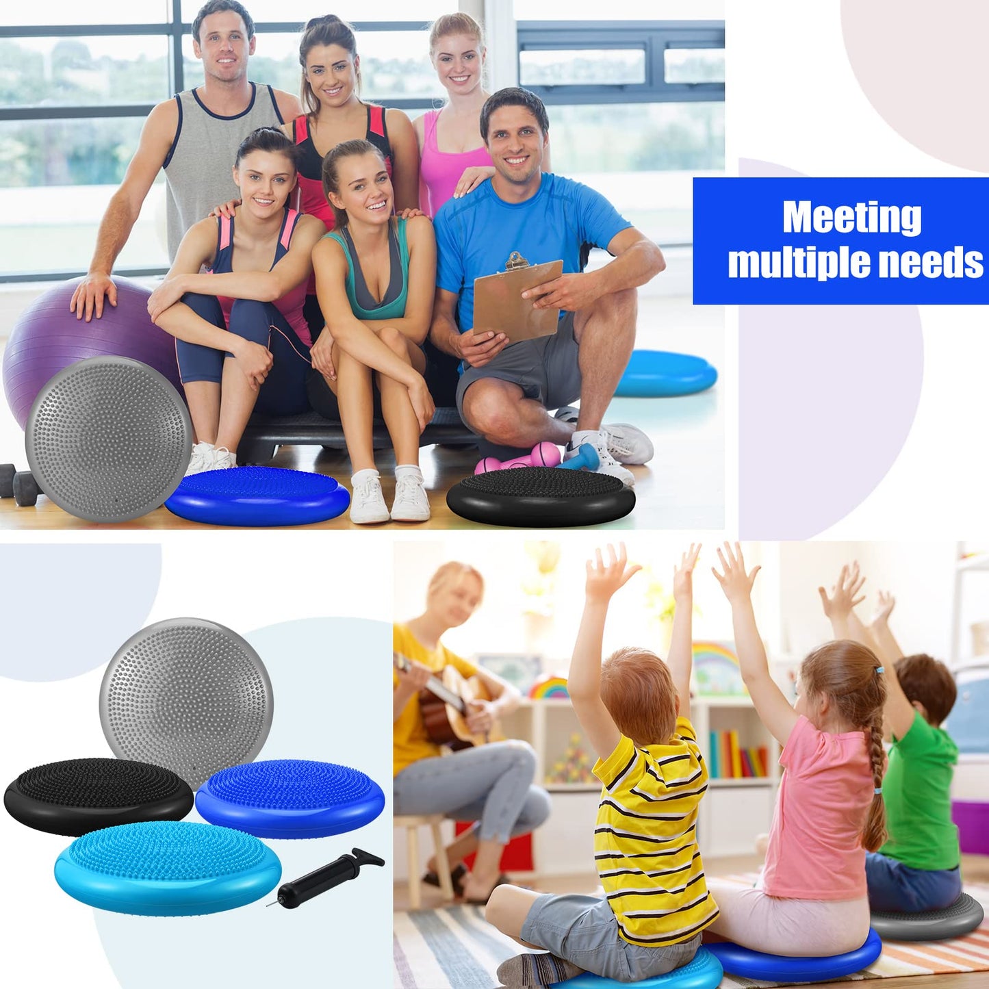 Sotiff 4 Pcs Inflated Wobble Cushion Flexible Wiggle Seat 14” L x 3.2” H Stability Balance Disc with Pump for Sensory Adult Physical Exercise Equipment(Black, Gray, Dark Blue, Light Blue)