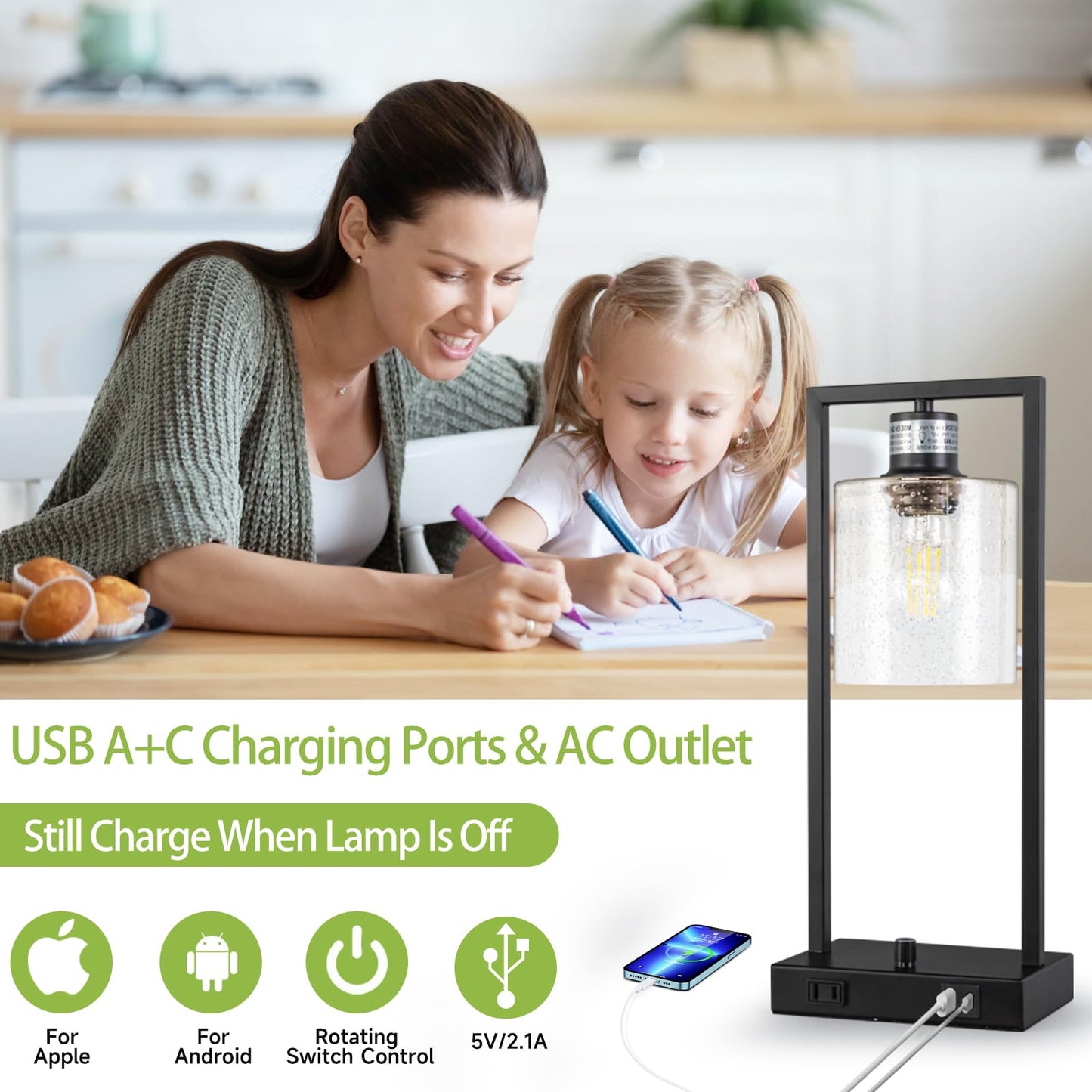16" Desk Lamps for Home Office, Bedside Lamps with USB C+A Ports and Outlet, Black Fully Stepless Dimmable Industrial Table Lamps with Seeded Glass Shade for Reading Living Room, LED Bulbs Included