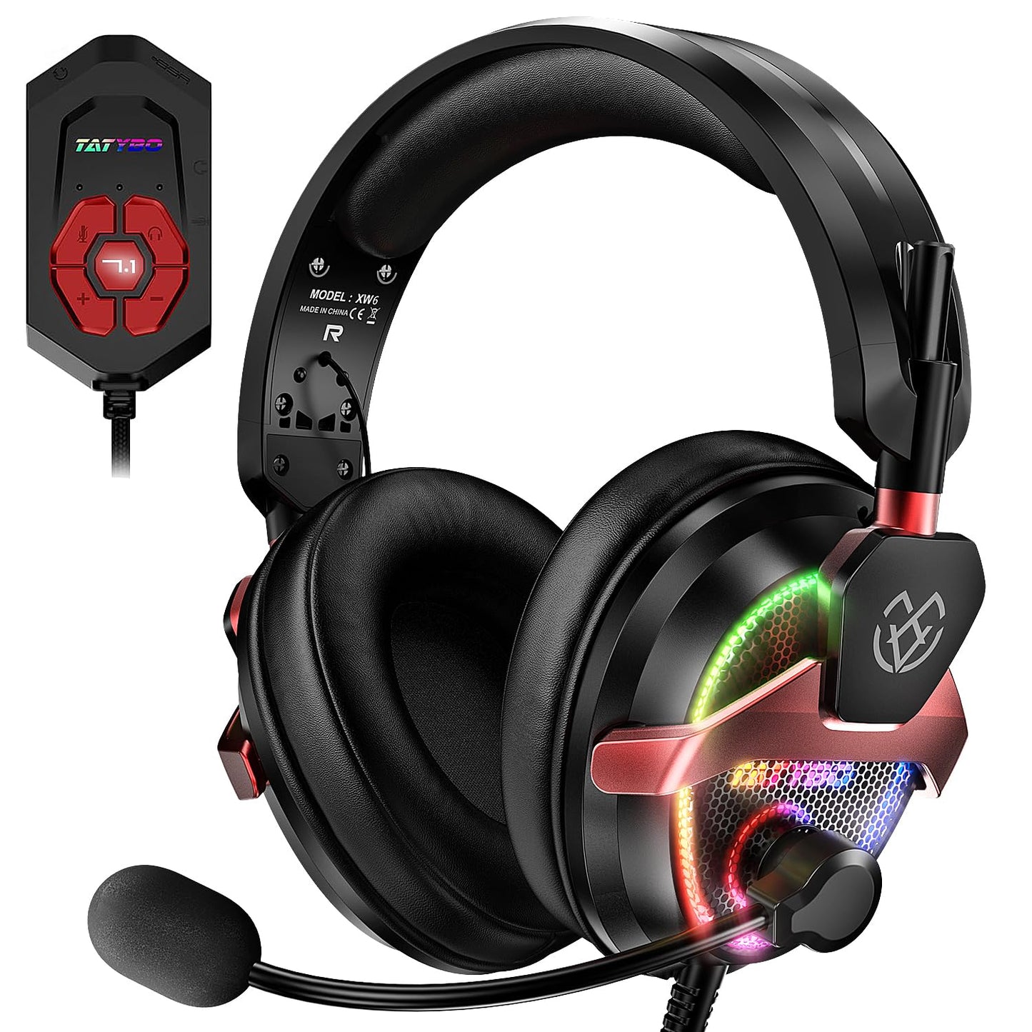 Tatybo PC Gaming Headset with Mic for PS5 PS4 Xbox, USB Headset with 7.1 Surround Sound, Wired 3.5mm Headphones, RGB